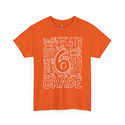 Orange TEEZOCA sixth grade typography tee with an outlined number six center, a unisex adult teacher shirt for the new school year.
