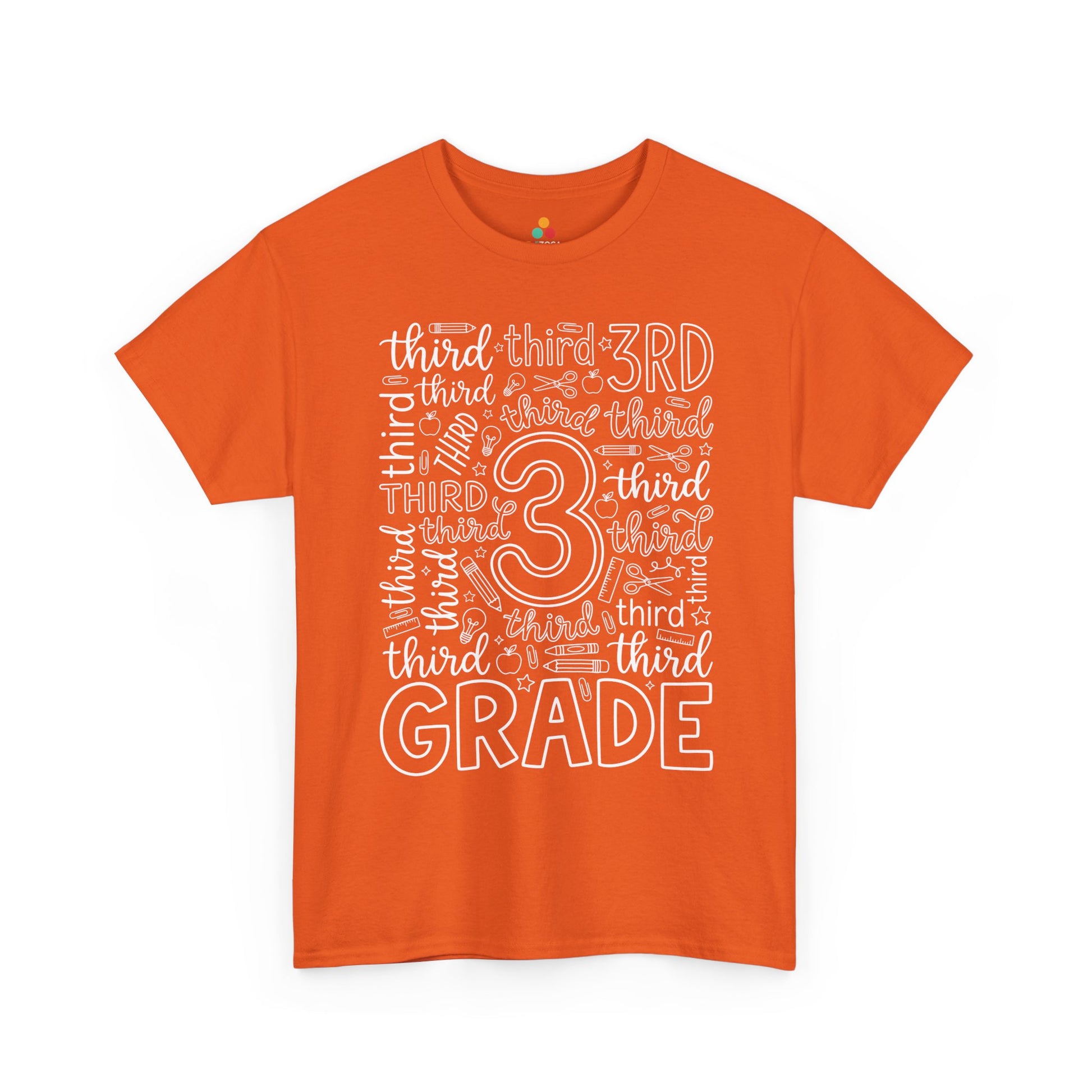 Orange TEEZOCA third grade typography tee with an outlined number three center, a unisex adult teacher shirt for the new school year.
