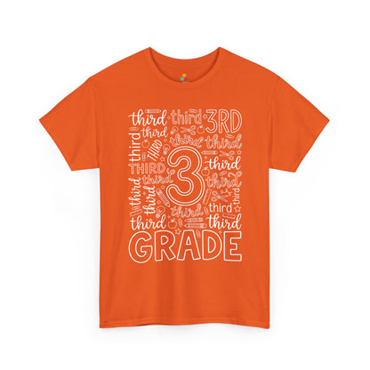 Orange TEEZOCA third grade typography tee with an outlined number three center, a unisex adult teacher shirt for the new school year.
