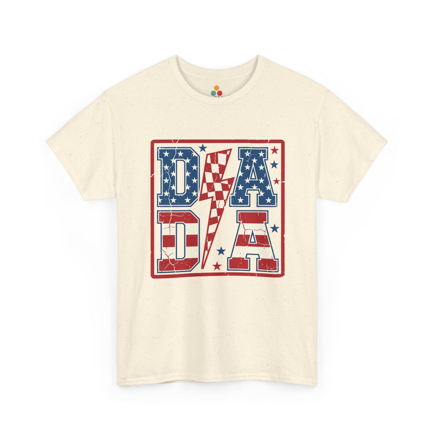  bold red white and blue DADA block letters with stars stripes and lightning bolt patriotic graphic design.

