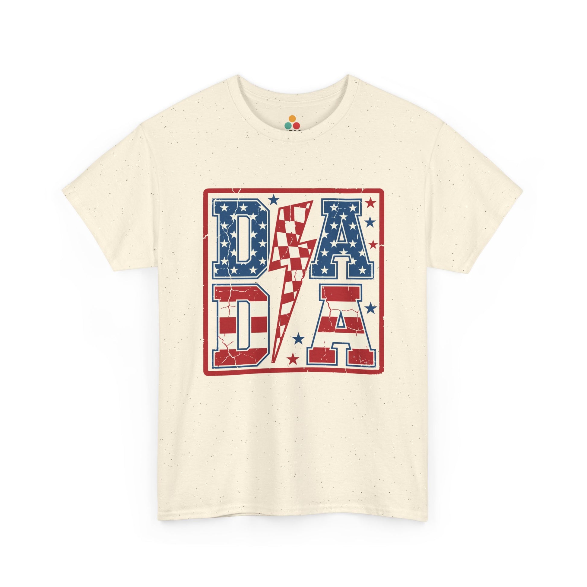  bold red white and blue DADA block letters with stars stripes and lightning bolt patriotic graphic design.

