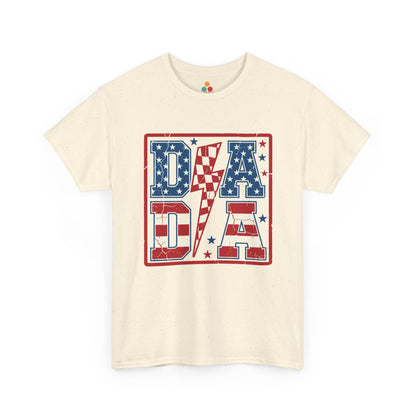  bold red white and blue DADA block letters with stars stripes and lightning bolt patriotic graphic design.

