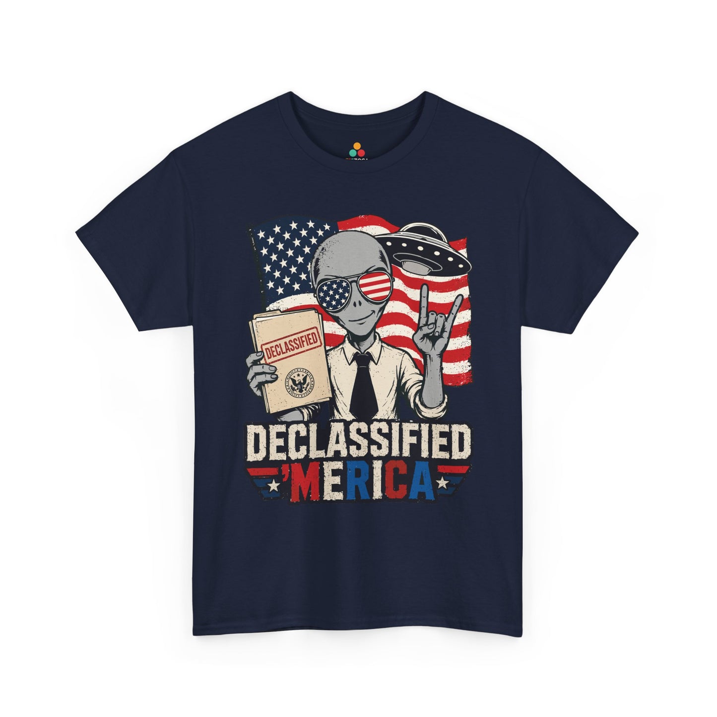 Patriotic alien T-shirt by TEEZOCA made for funny fourth of July shirts, UFO fans, and Independence Day parties.
