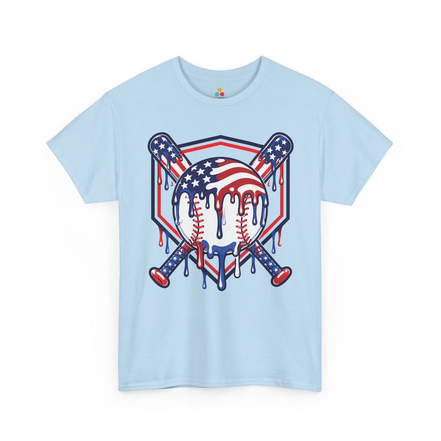 Patriotic baseball shirt by TEEZOCA featuring a USA baseball, bold bats, and Independence Day game-day energy.
