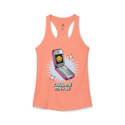 Peach tank top with a phone graphic and 'Call Me Maybe' text on a white background. TEEZOCA women’s retro tank top with flip phone graphic and “Call Me Maybe” text