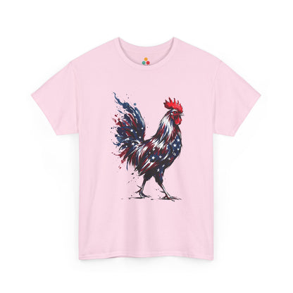 Pink TEEZOCA T-Shirt featuring a bold watercolor-style rooster painted in red, white, and blue American flag colors with stars and paint splashes on white fabric.