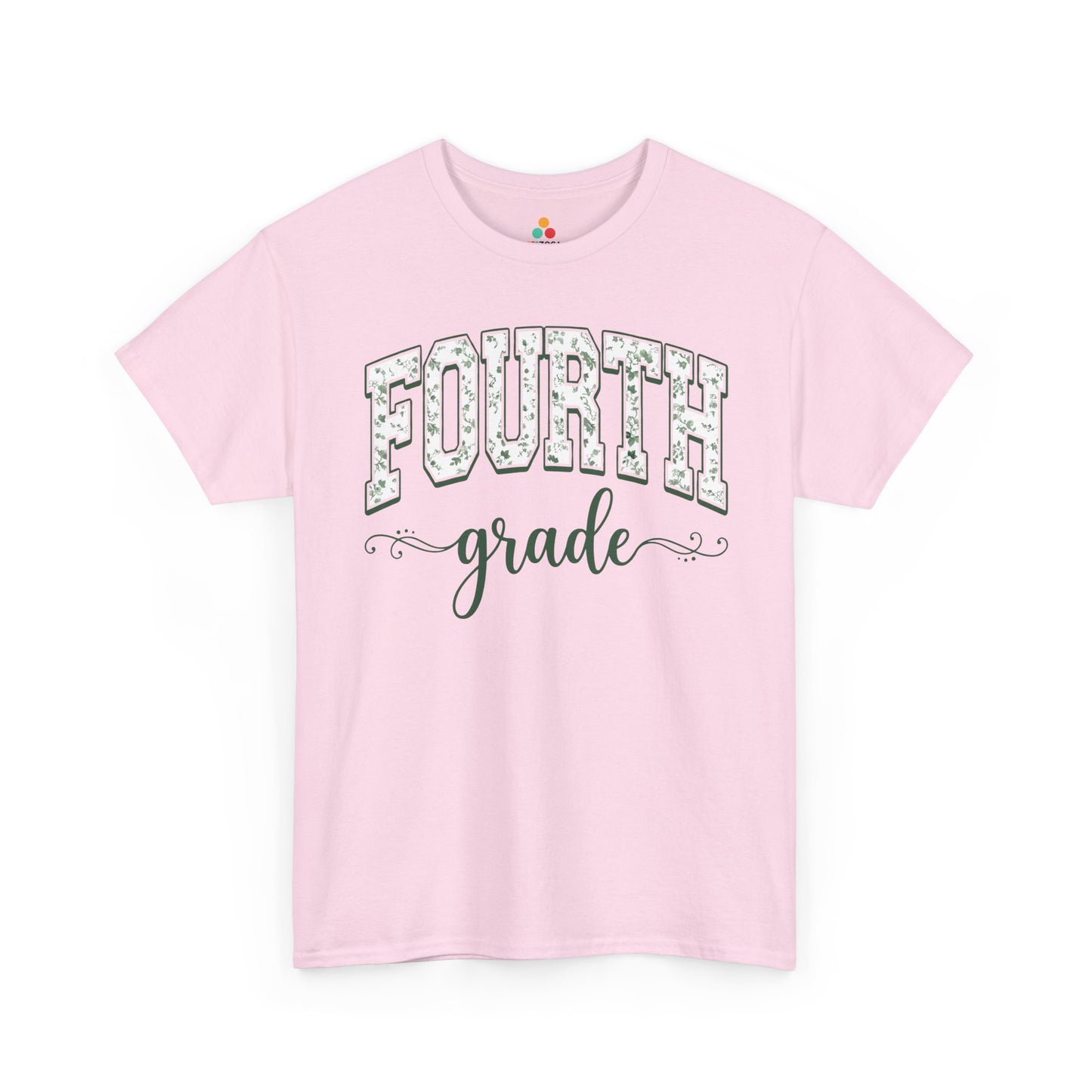 Pink t-shirt with 'FOURTH grade' text on a white background. Matching fourth grade shirt by TEEZOCA in sage florals, worn by an adult alongside a new fourth grader on the first day of school.
