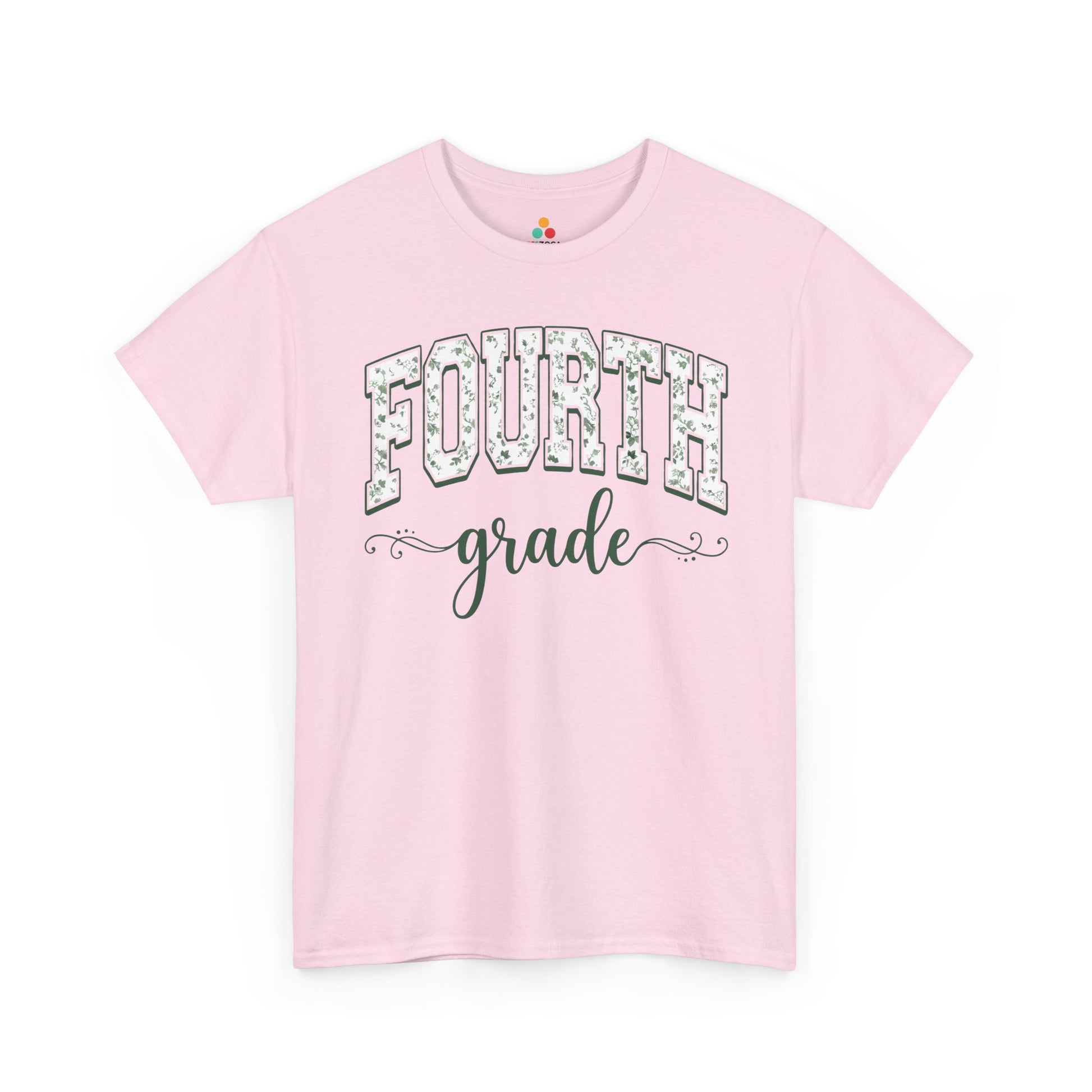 Pink t-shirt with 'FOURTH grade' text on a white background. Matching fourth grade shirt by TEEZOCA in sage florals, worn by an adult alongside a new fourth grader on the first day of school.
