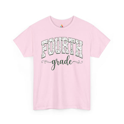 Pink t-shirt with 'FOURTH grade' text on a white background. Matching fourth grade shirt by TEEZOCA in sage florals, worn by an adult alongside a new fourth grader on the first day of school.
