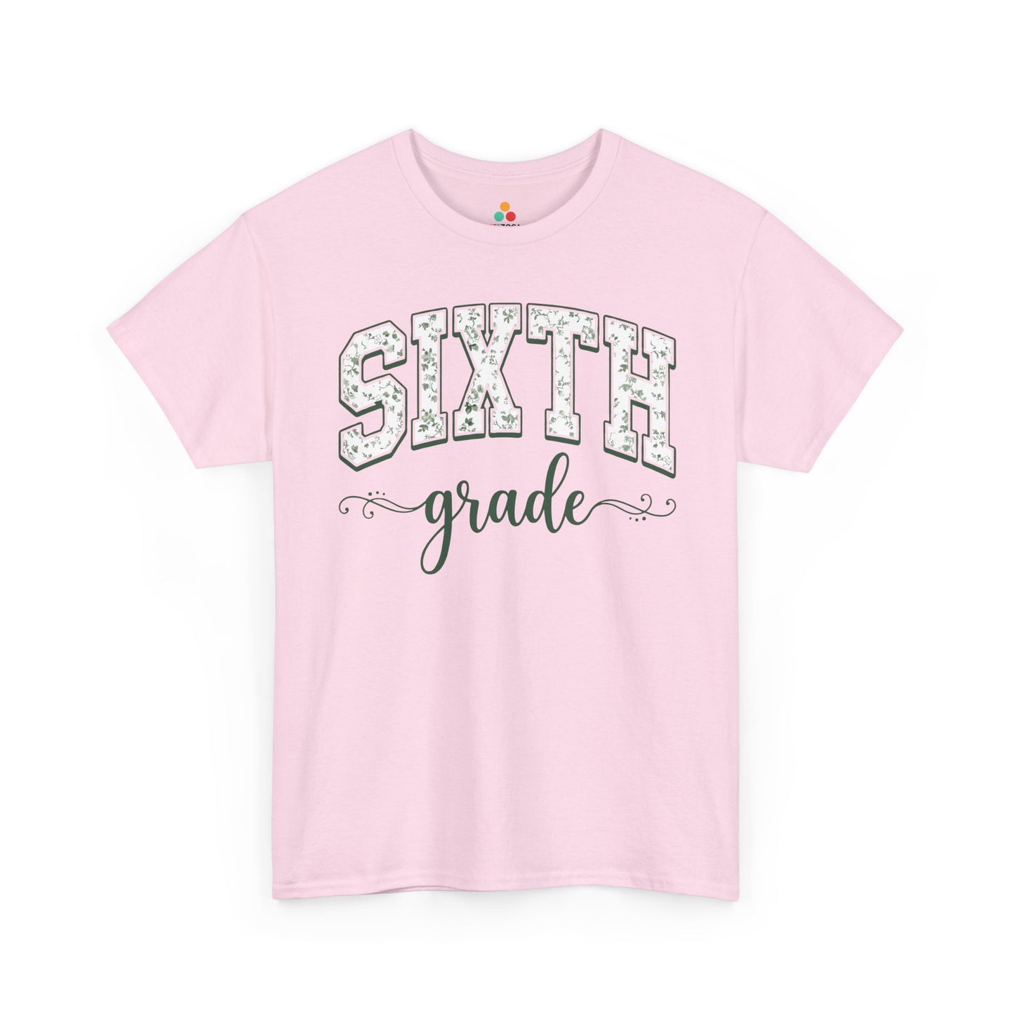 Pink t-shirt with 'Sixth grade' text on a white background. Matching sixth grade shirt by TEEZOCA in sage florals, worn by an adult alongside a new sixth grader on the first day of school.
