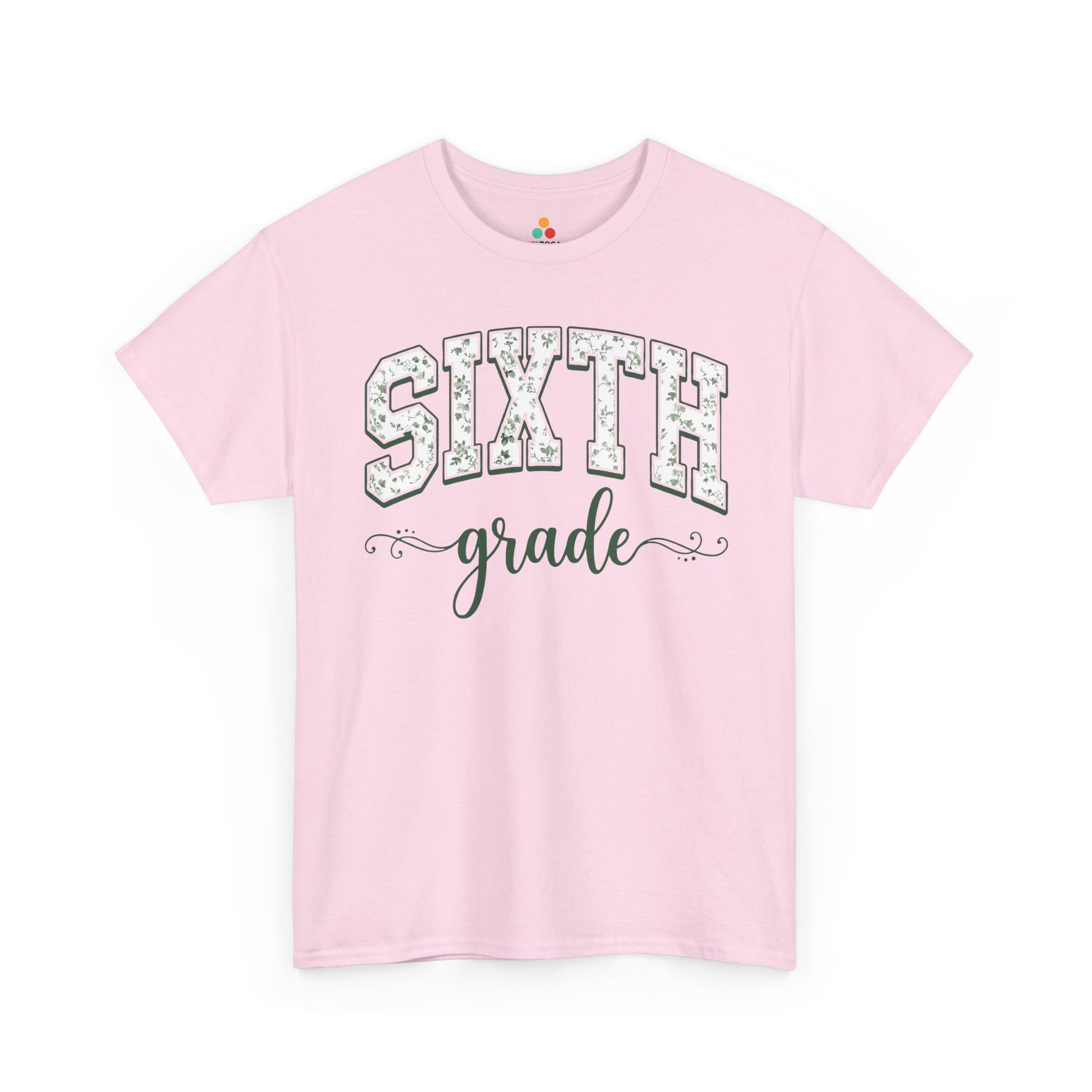 Pink t-shirt with 'Sixth grade' text on a white background. Matching sixth grade shirt by TEEZOCA in sage florals, worn by an adult alongside a new sixth grader on the first day of school.
