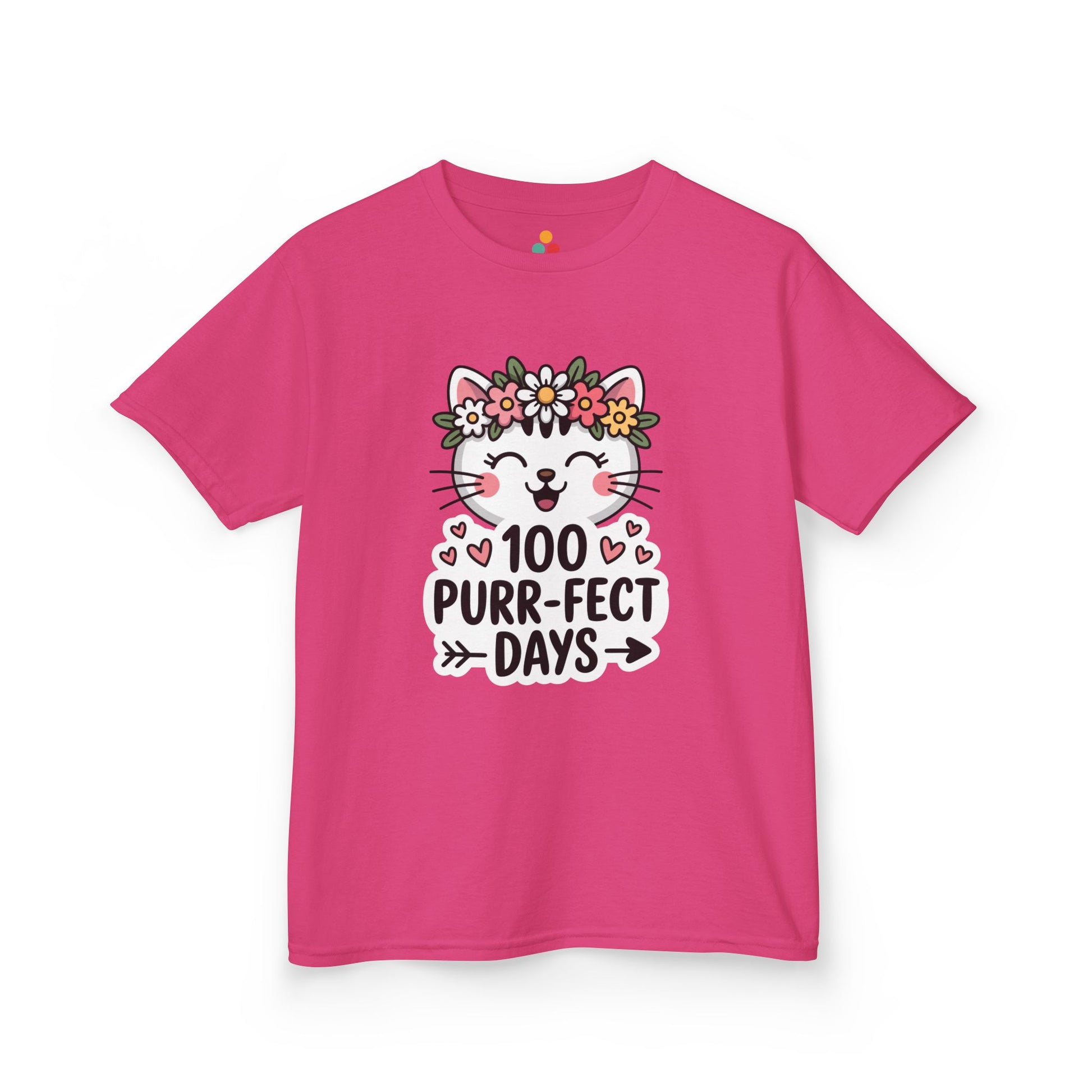 Pink t-shirt with a cat graphic and '100 Purr-fect Days' text on a white background. Perfect for girls on 100 days of school celebration