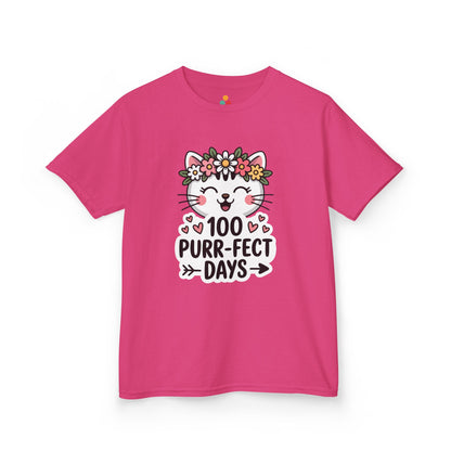 Pink t-shirt with a cat graphic and '100 Purr-fect Days' text on a white background. Perfect for girls on 100 days of school celebration