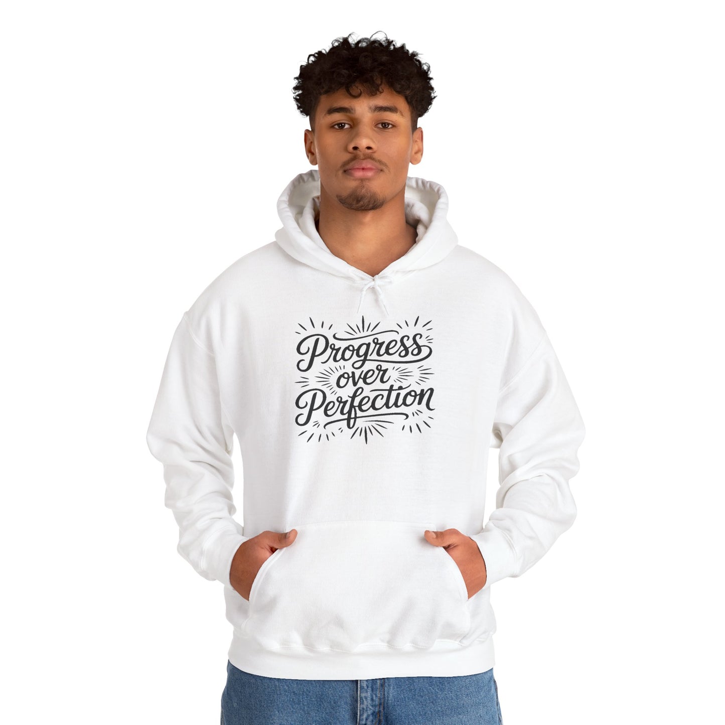 Progress Over Perfection Unisex Heavy Blend Hoodie | TEEZOCA Progress Over Perfection script design Unisex Heavy Blend Hoodie
