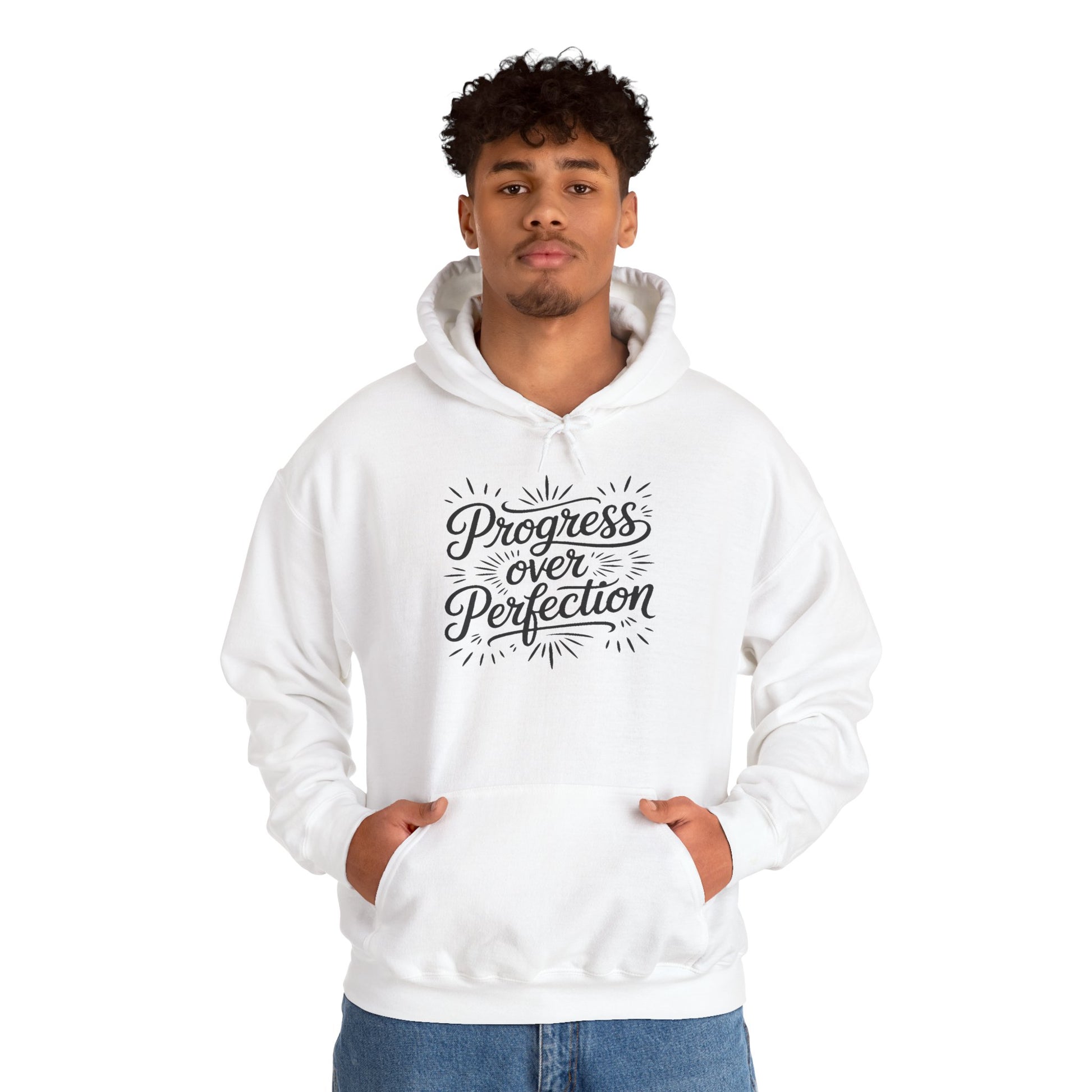 Progress Over Perfection Unisex Heavy Blend Hoodie | TEEZOCA Progress Over Perfection script design Unisex Heavy Blend Hoodie