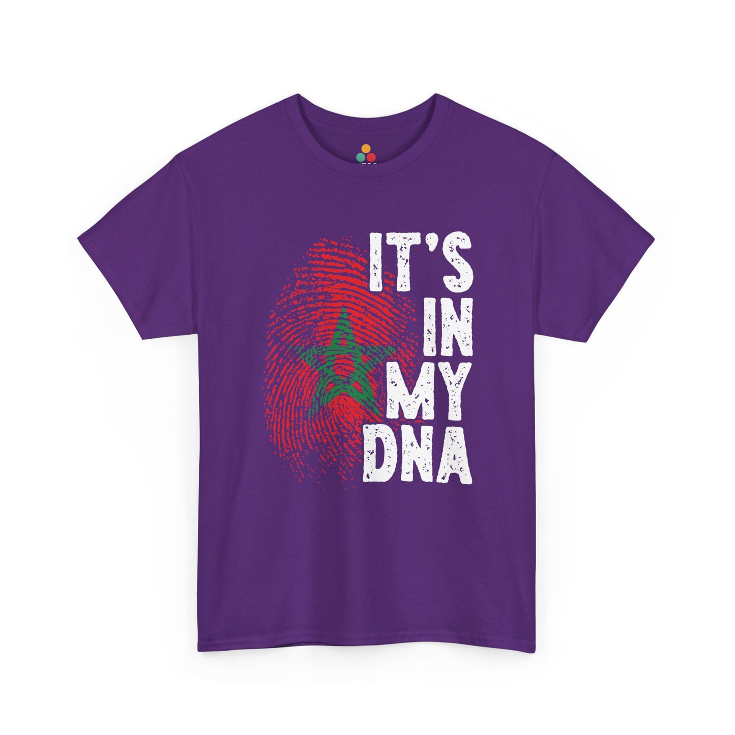 Purple T-shirt featuring a red and green fingerprint in the design of the Moroccan flag with the star symbol, paired with the phrase "It's In My DNA," a Moroccan pride heritage shirt and cultural identity tee.



