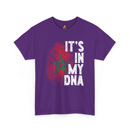Purple T-shirt featuring a red and green fingerprint in the design of the Moroccan flag with the star symbol, paired with the phrase "It's In My DNA," a Moroccan pride heritage shirt and cultural identity tee.


