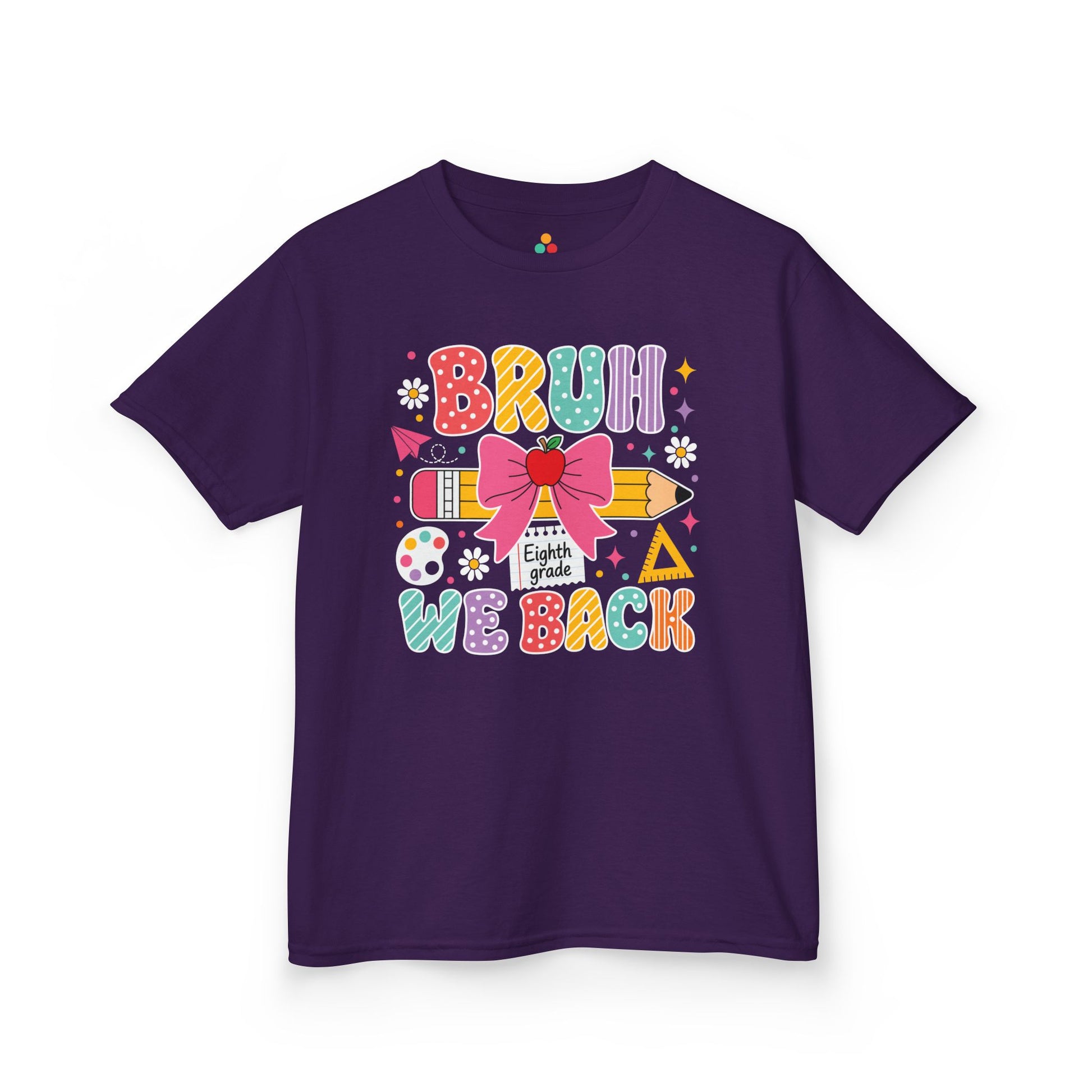 Purple TEEZOCA Bruh We Back Eighth Grade kids shirt, the kind of funny first-day tee parents shop on Amazon and Etsy.
