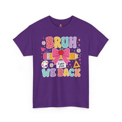Purple TEEZOCA Bruh We Back Eighth Grade shirt, the kind of funny teacher tee shoppers find on Amazon and Etsy.

