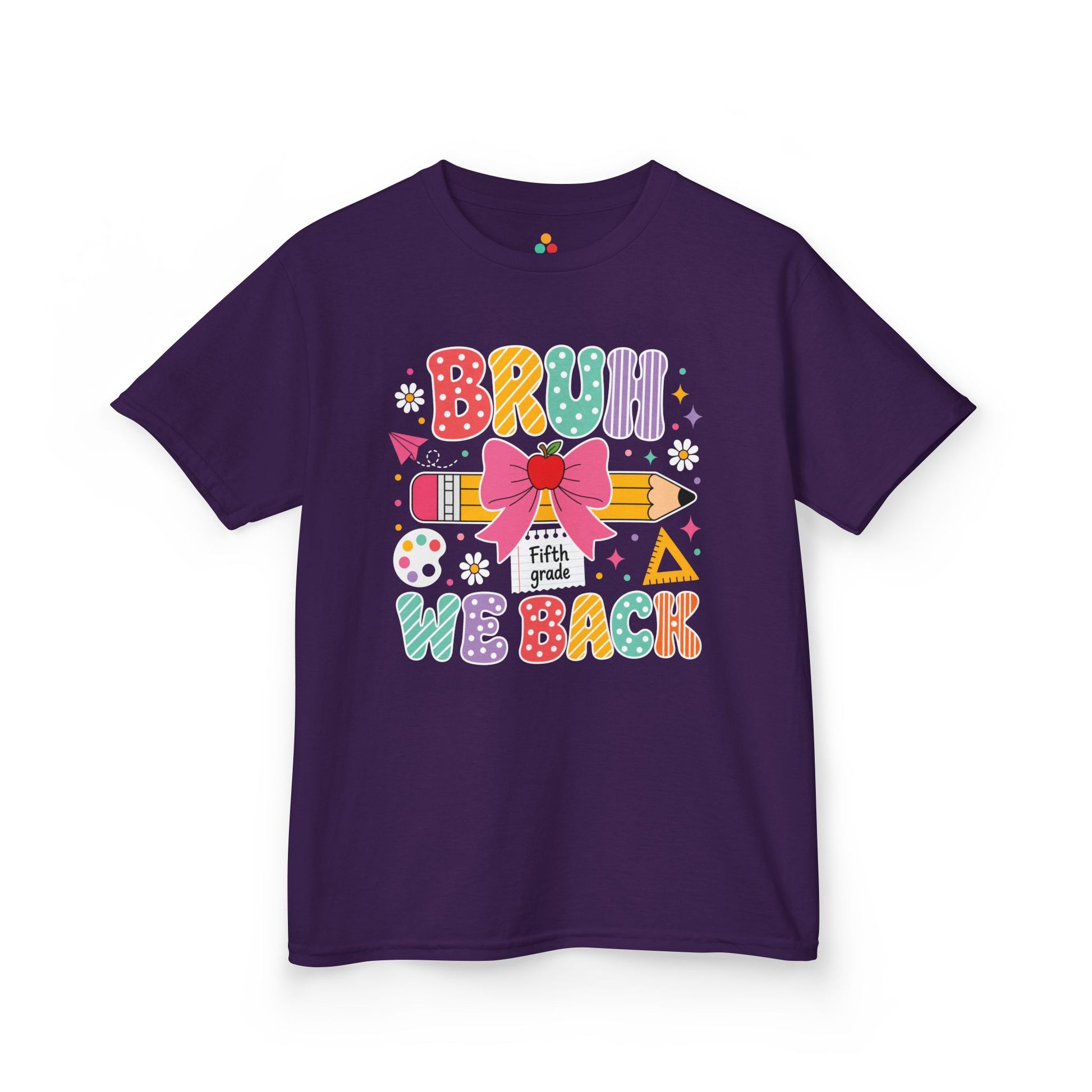 Purple TEEZOCA Bruh We Back Fifth Grade kids shirt, the kind of funny first-day tee parents shop on Amazon and Etsy.
