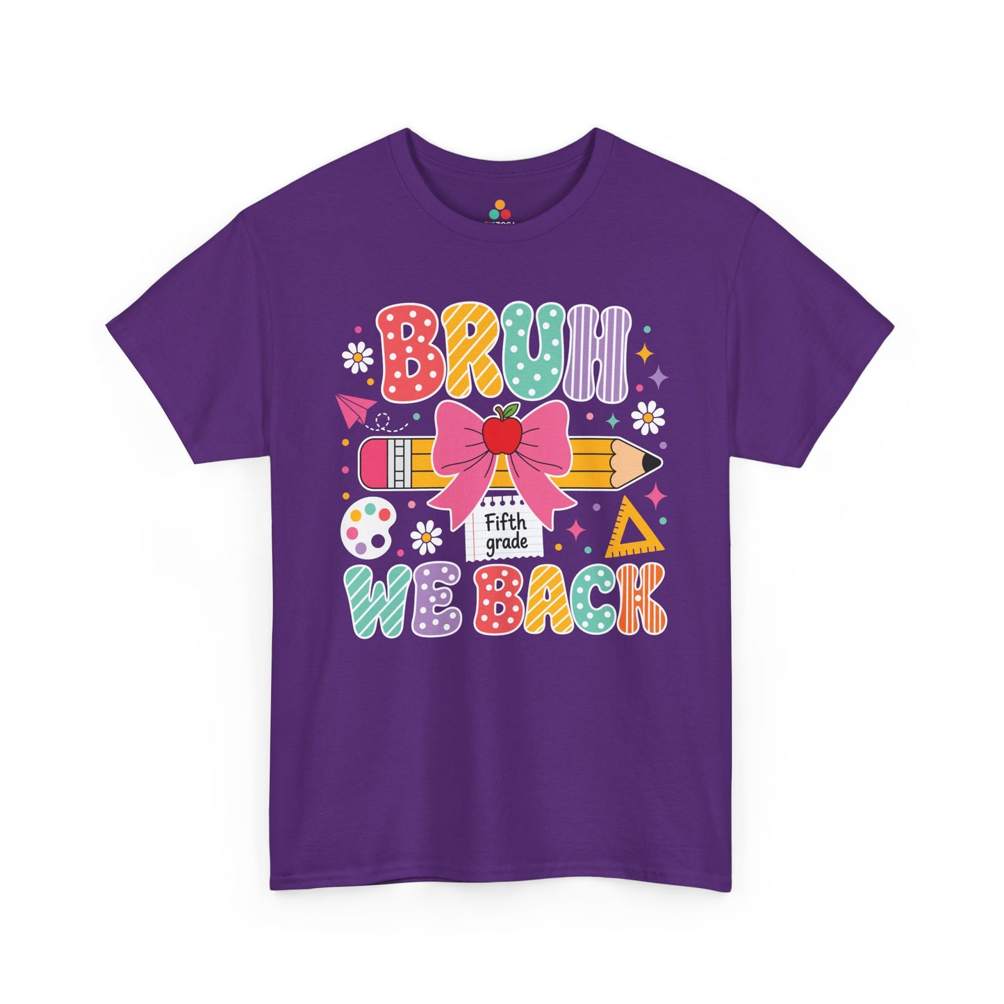 Purple TEEZOCA Bruh We Back Fifth Grade shirt, the kind of funny teacher tee shoppers find on Amazon and Etsy.
