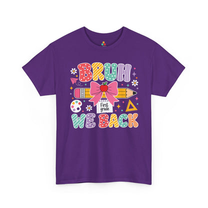 Purple TEEZOCA Bruh We Back First Grade shirt, the kind of funny teacher tee shoppers find on Amazon and Etsy.
