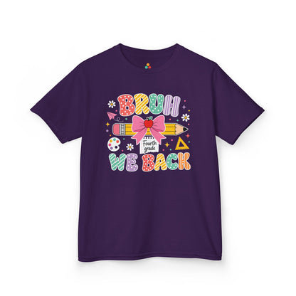 Purple TEEZOCA Bruh We Back Fourth Grade kids shirt, the kind of funny first-day tee parents shop on Amazon and Etsy.
