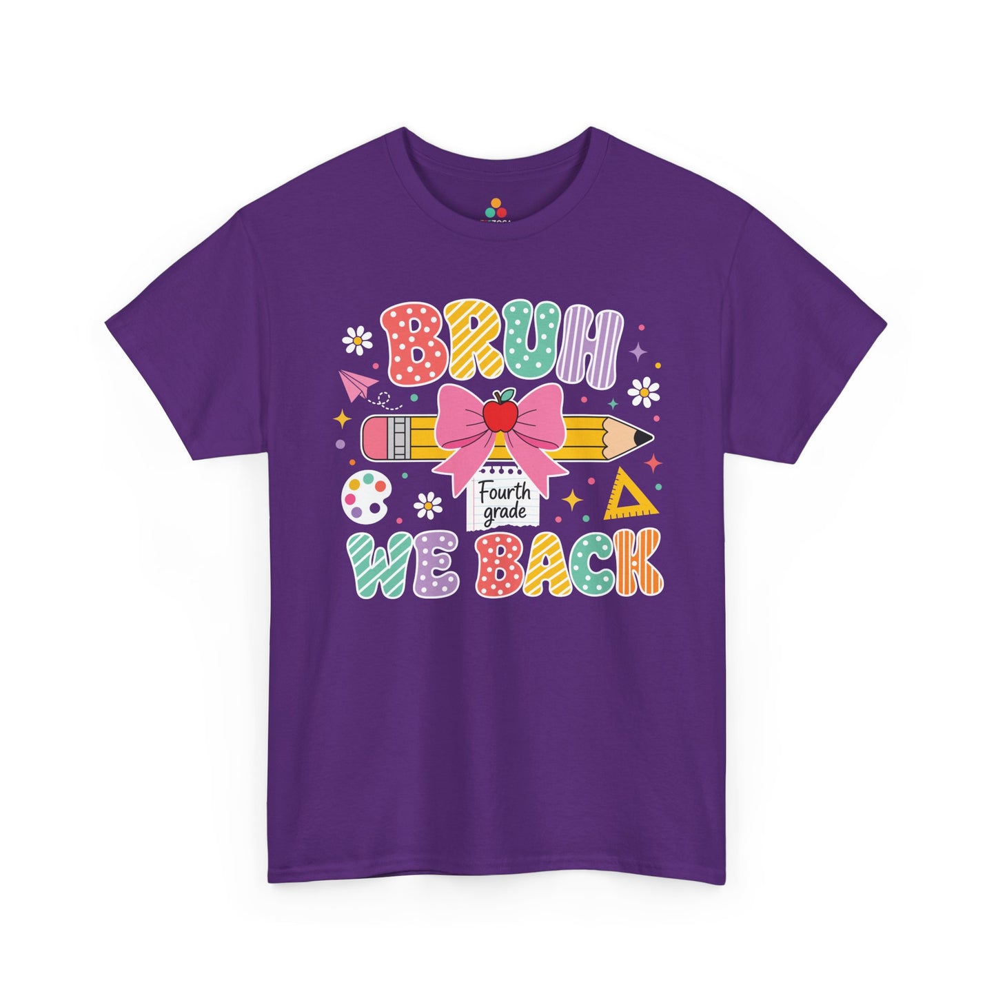 Purple TEEZOCA Bruh We Back Fourth Grade shirt, the kind of funny teacher tee shoppers find on Amazon and Etsy.
