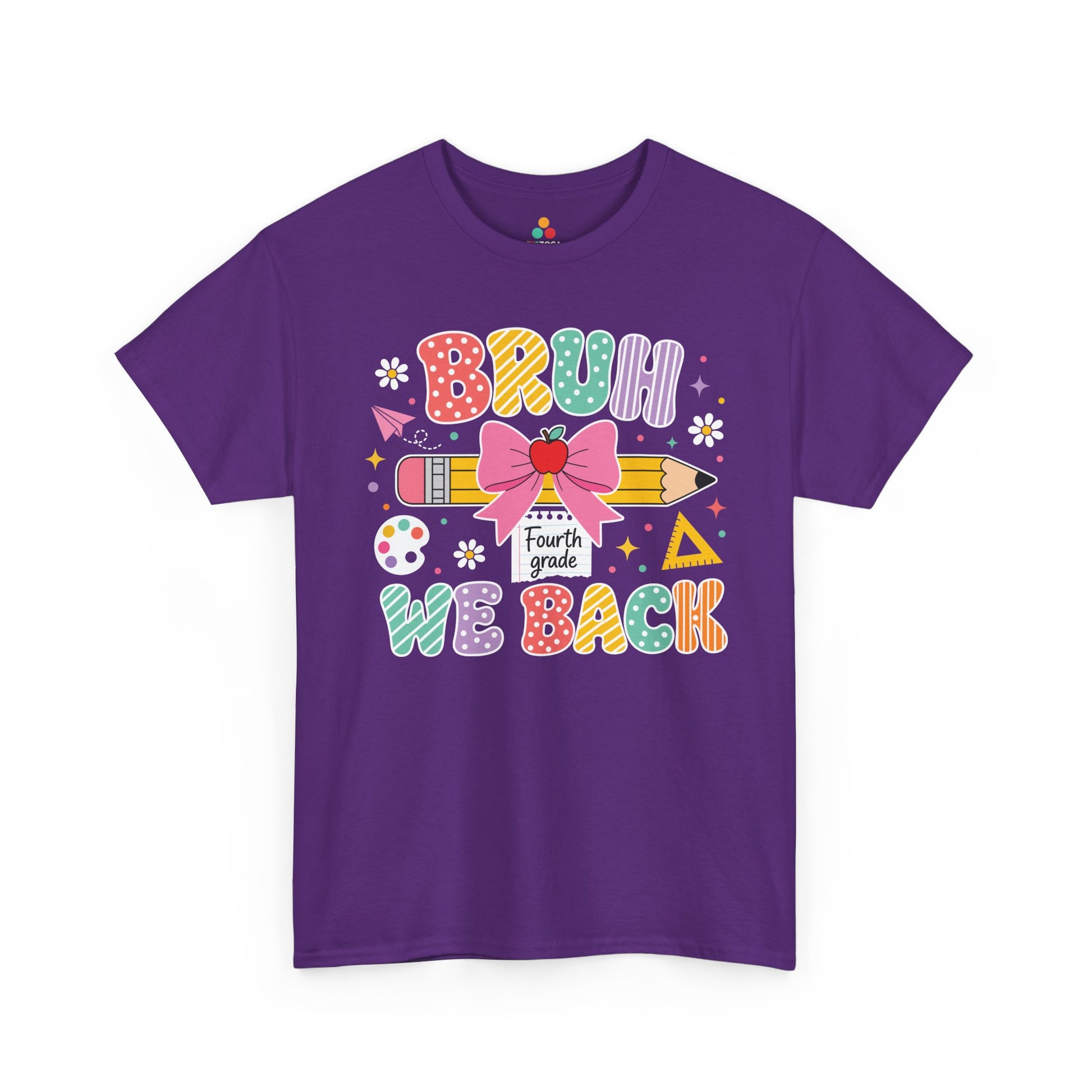 Purple TEEZOCA Bruh We Back Fourth Grade shirt, the kind of funny teacher tee shoppers find on Amazon and Etsy.
