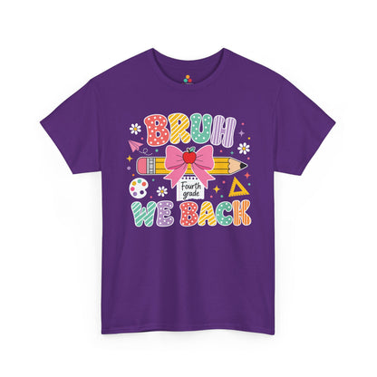 Purple TEEZOCA Bruh We Back Fourth Grade shirt, the kind of funny teacher tee shoppers find on Amazon and Etsy.
