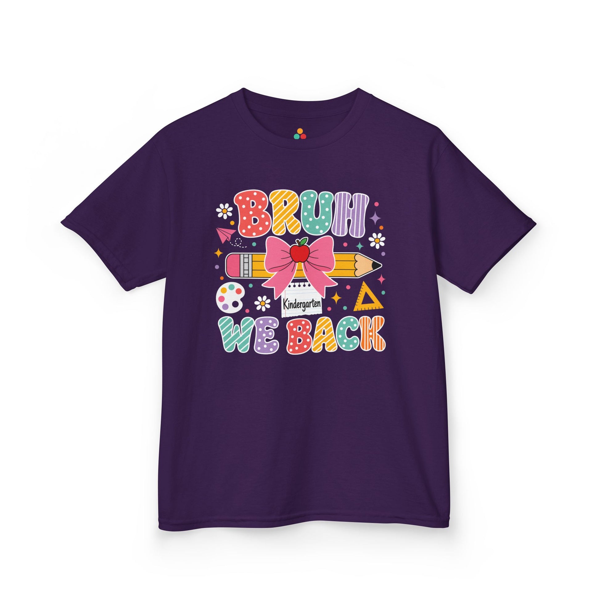Purple TEEZOCA Bruh We Back Kindergarten kids shirt, the kind of funny first-day tee parents shop on Amazon and Etsy.
