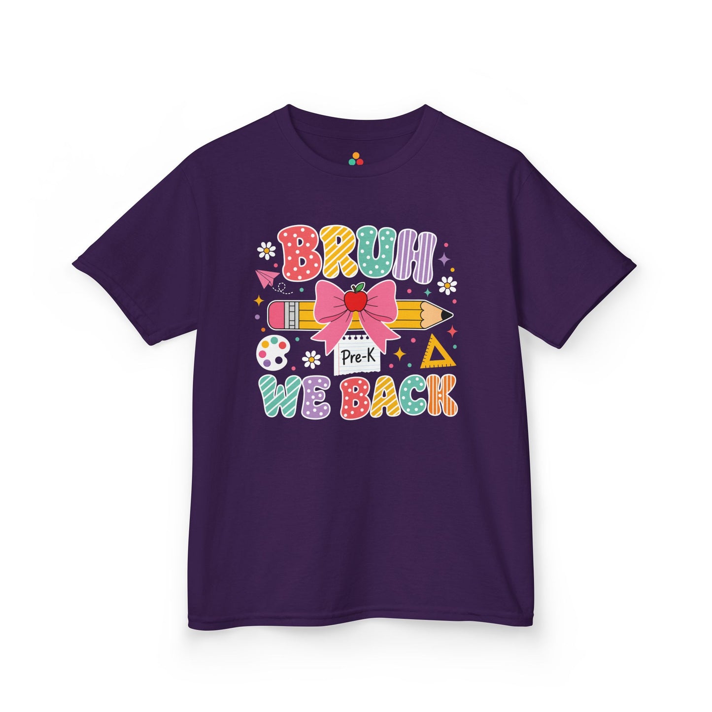 Purple TEEZOCA Bruh We Back Pre-K kids shirt, the kind of funny first-day tee parents shop on Amazon and Etsy.

