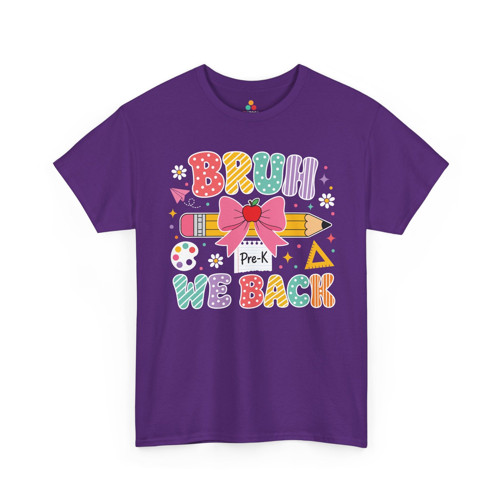 Purple TEEZOCA Bruh We Back Pre-K shirt, the kind of funny teacher tee shoppers find on Amazon and Etsy.
