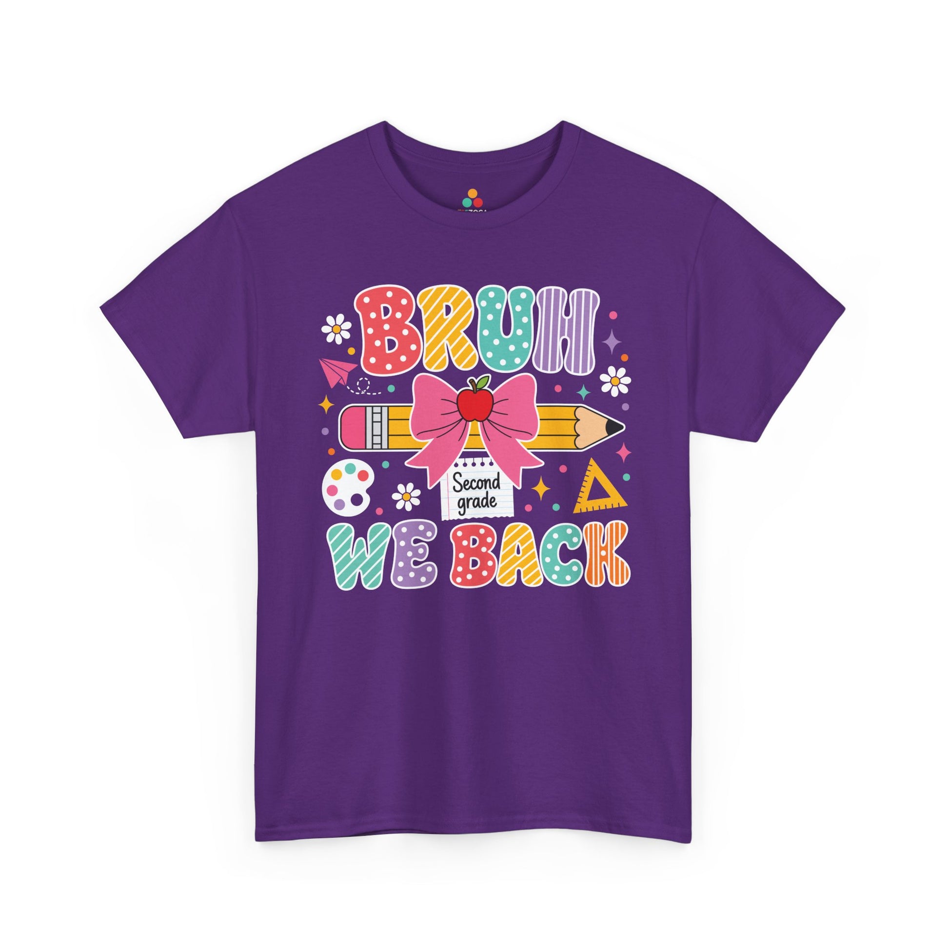 Purple TEEZOCA Bruh We Back Second Grade shirt, the kind of funny teacher tee shoppers find on Amazon and Etsy.
