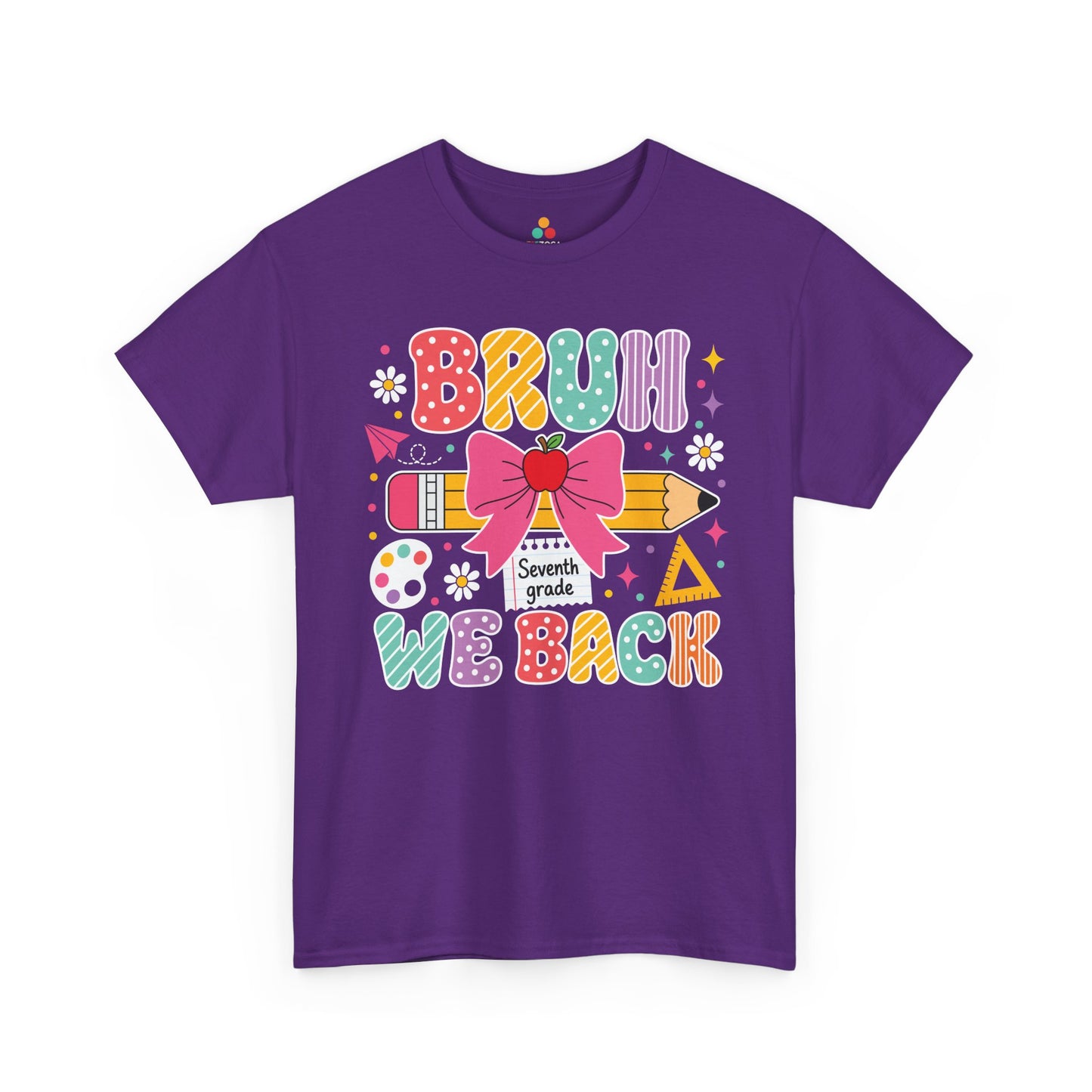 Purple TEEZOCA Bruh We Back Seventh Grade shirt, the kind of funny teacher tee shoppers find on Amazon and Etsy.
