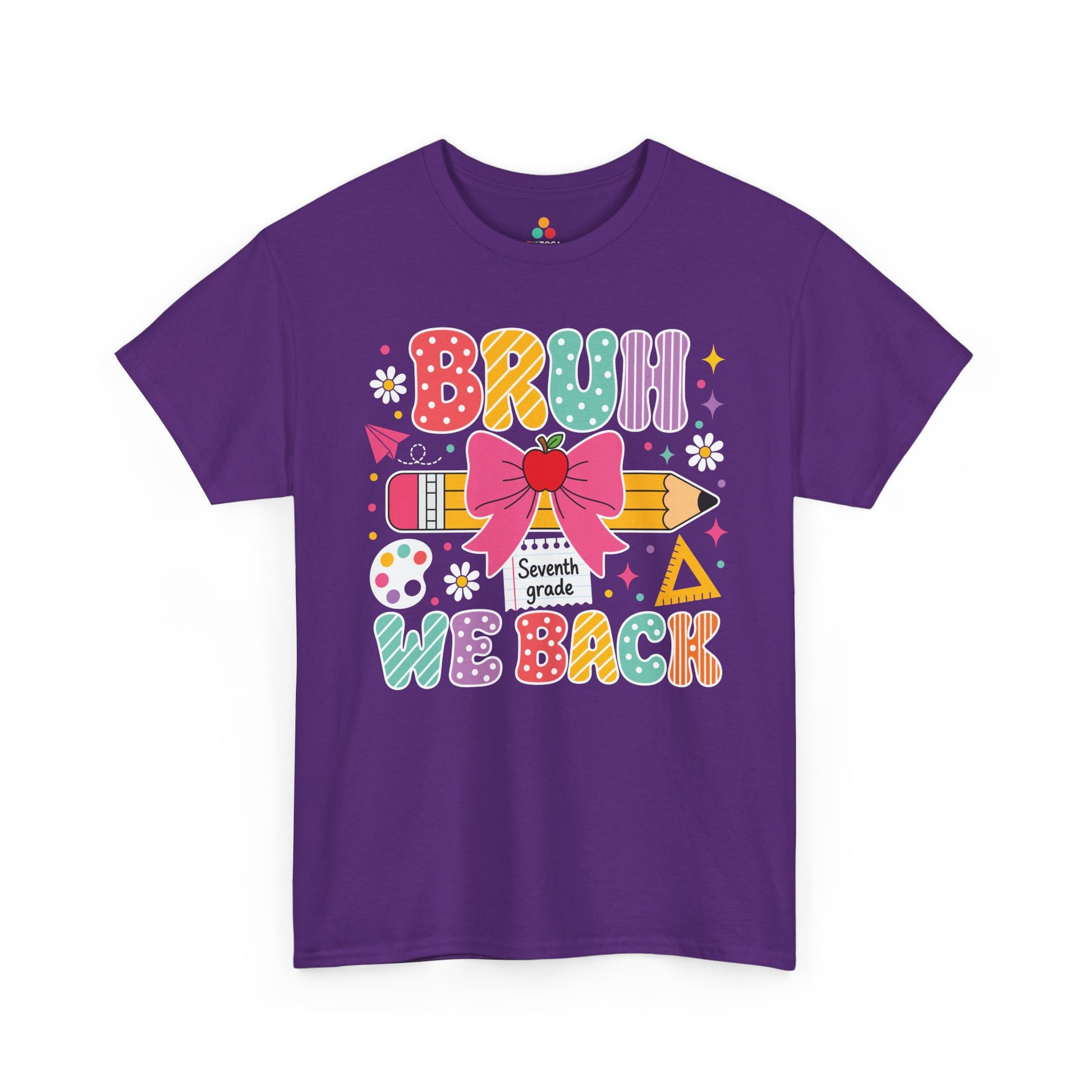 Purple TEEZOCA Bruh We Back Seventh Grade shirt, the kind of funny teacher tee shoppers find on Amazon and Etsy.
