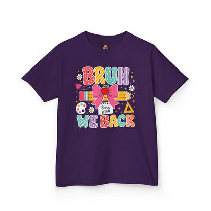 Purple TEEZOCA Bruh We Back Sixth Grade kids shirt, the kind of funny first-day tee parents shop on Amazon and Etsy.
