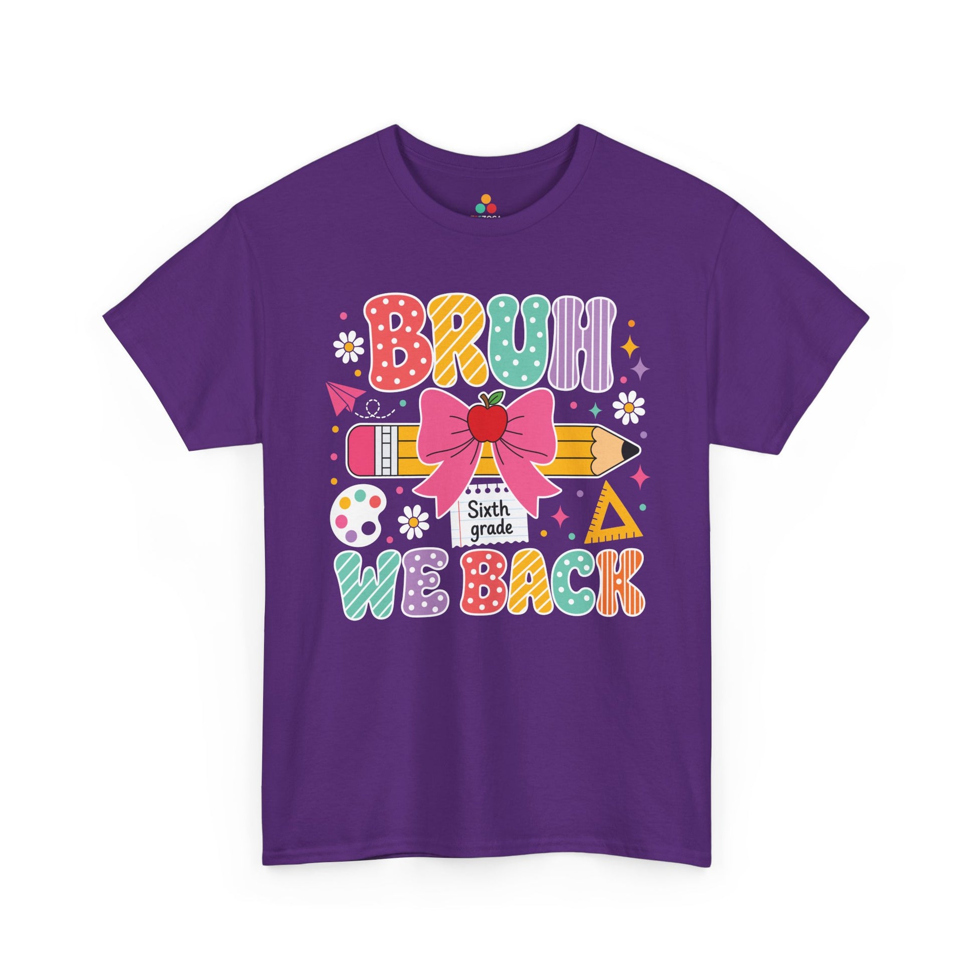 Purple TEEZOCA Bruh We Back Sixth Grade shirt, the kind of funny teacher tee shoppers find on Amazon and Etsy.
