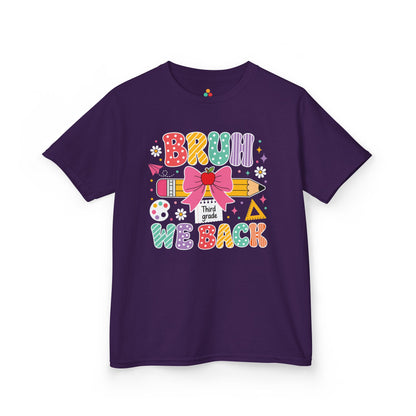 Purple TEEZOCA Bruh We Back Third Grade kids shirt, the kind of funny first-day tee parents shop on Amazon and Etsy.
