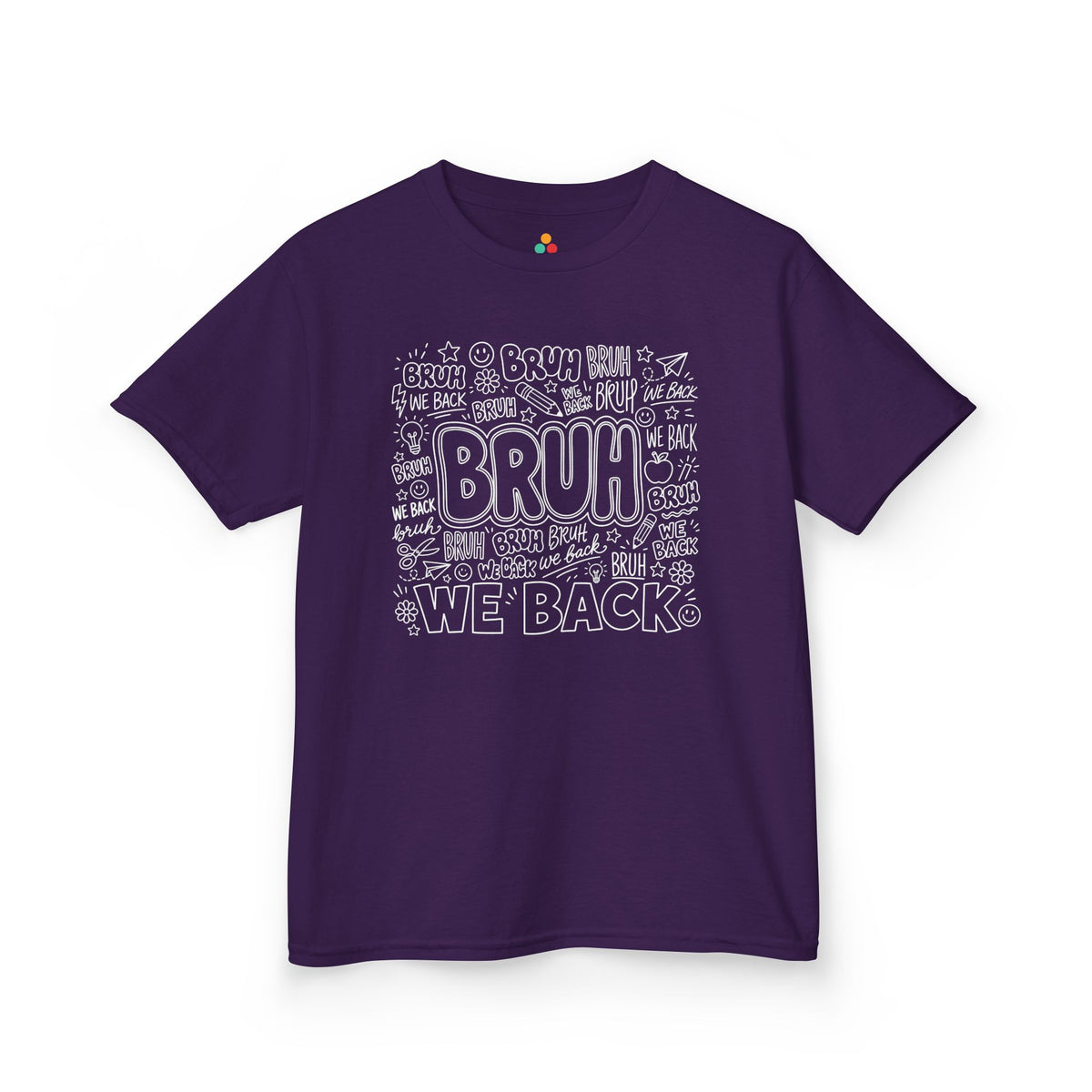 Purple TEEZOCA Bruh We Back kids shirt, the kind of funny first-day doodle tee parents find on Amazon and Etsy.

