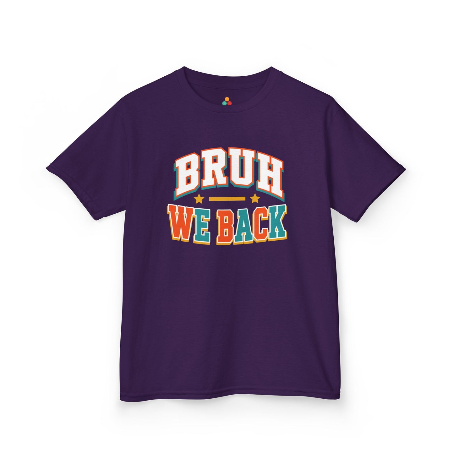 Purple TEEZOCA Bruh We Back kids shirt, the kind of funny first-day tee parents find on Amazon and Etsy.
