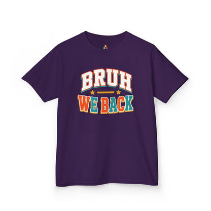 Purple TEEZOCA Bruh We Back kids shirt, the kind of funny first-day tee parents find on Amazon and Etsy.
