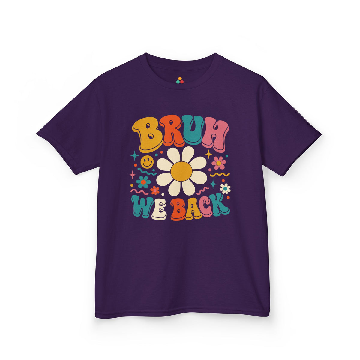 Purple TEEZOCA Bruh We Back retro kids tee, a funny back to school shirt for the new school year.

