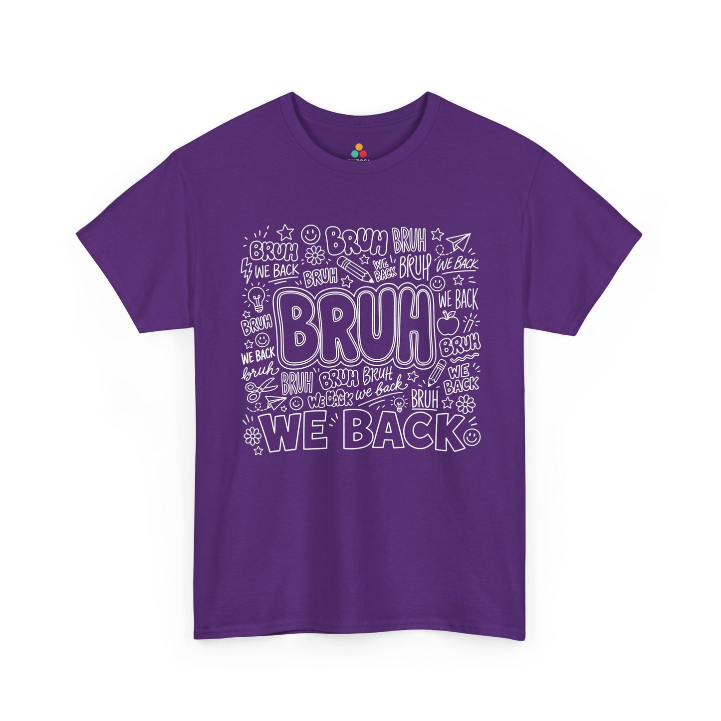 Purple TEEZOCA Bruh We Back shirt, the kind of funny first-day doodle tee shoppers find on Amazon and Etsy.
