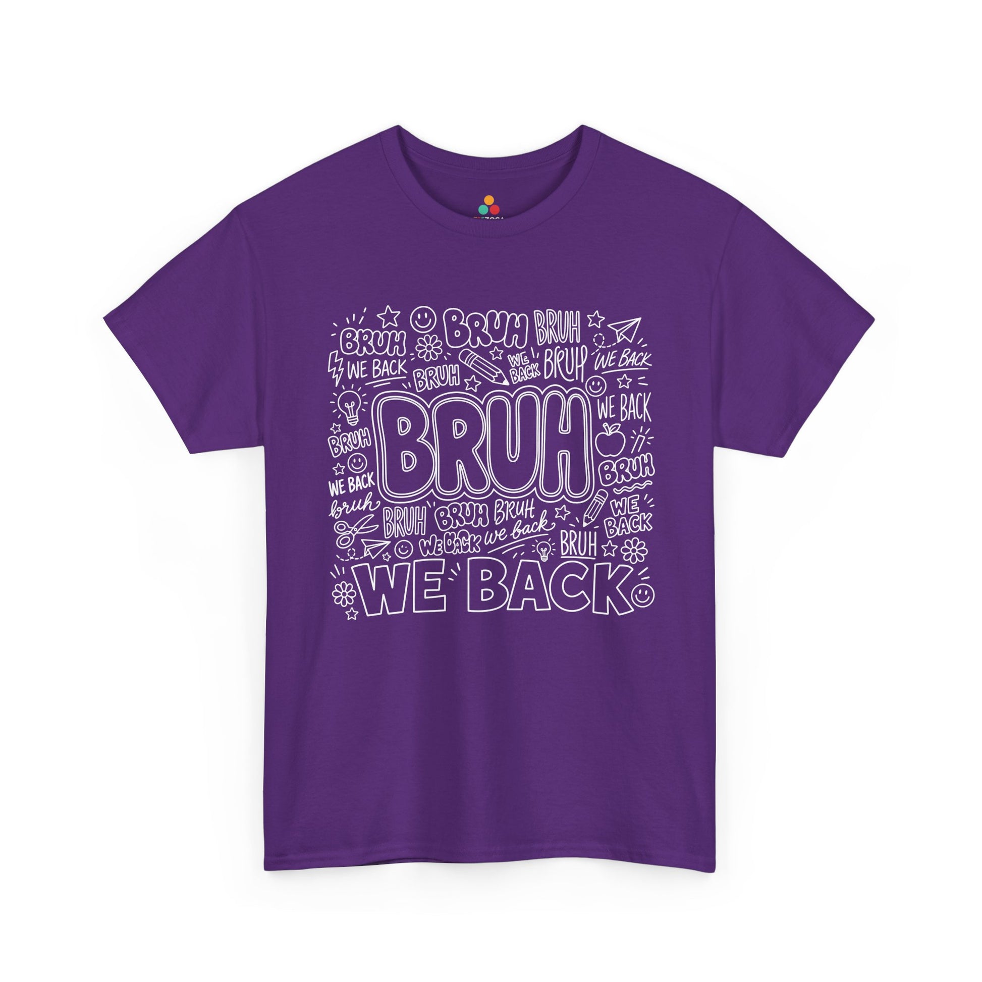 Purple TEEZOCA Bruh We Back shirt, the kind of funny first-day doodle tee shoppers find on Amazon and Etsy.
