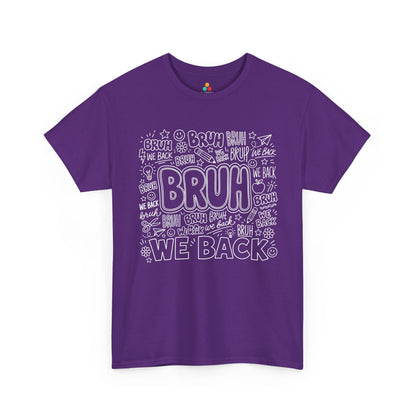 Purple TEEZOCA Bruh We Back shirt, the kind of funny first-day doodle tee shoppers find on Amazon and Etsy.
