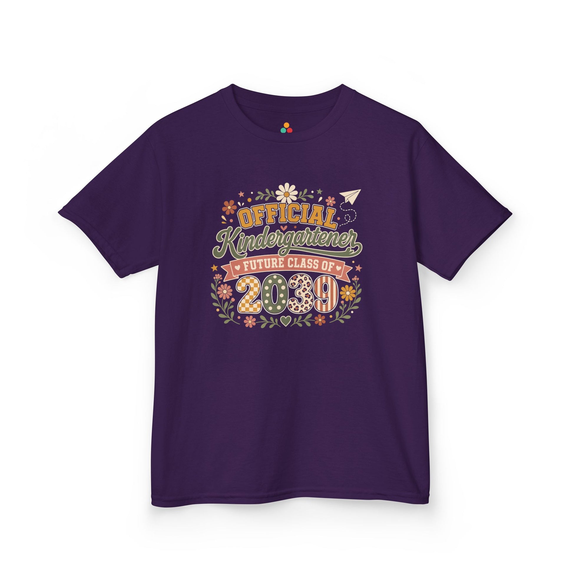 Purple TEEZOCA Future Class of 2039 kids shirt with boho florals and a banner, a keepsake milestone tee for a new kindergartener.
