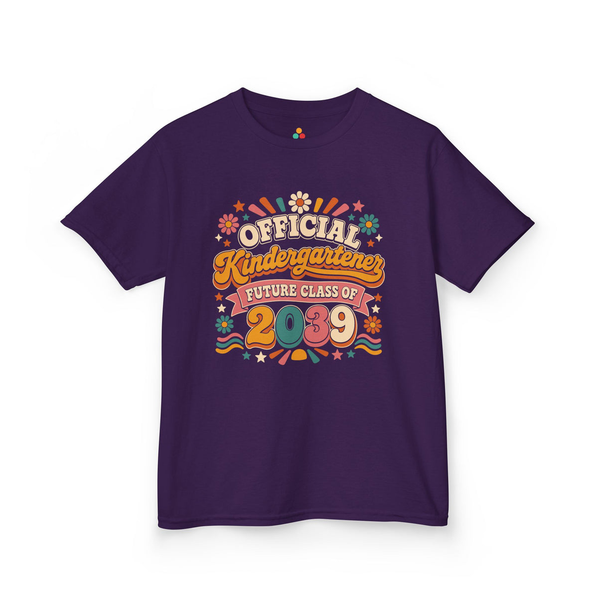 Purple TEEZOCA Future Class of 2039 kids shirt with retro daisies and a banner, the kind of milestone keepsake tee parents shop on Amazon and Etsy.

