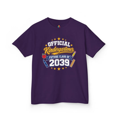 Purple TEEZOCA Future Class of 2039 kids shirt with stars and a banner, the kind of milestone keepsake tee parents shop on Amazon and Etsy.

