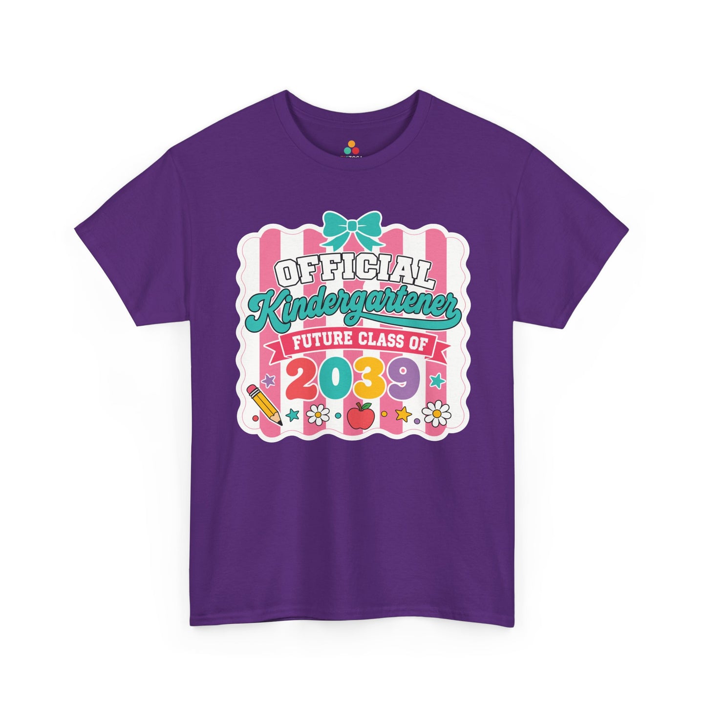Purple TEEZOCA Future Class of 2039 shirt with a bow and daisies, a cute keepsake milestone tee for a new kindergartener.
